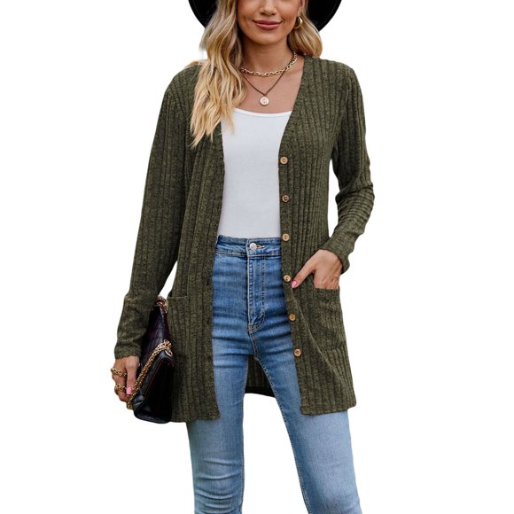 Diconna Cardigan Mode pour Femmes à Col en V, Couleur Unie, Côtelé, Manches Longues, Chandail Boutonné, Automne, Décontracté, Manteau en Tricot Doux