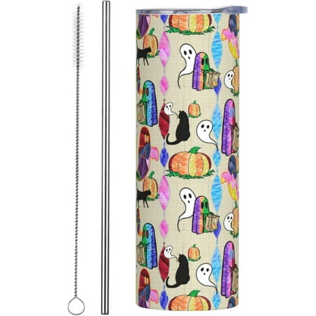 

20oz Straight Straw Cup Otomi -ish Halloween Embroidery All-Over-Print Stainless Steel Tumblers Vacuum Insulated Travel Mug Insulated Tumblers with Lids and Straws