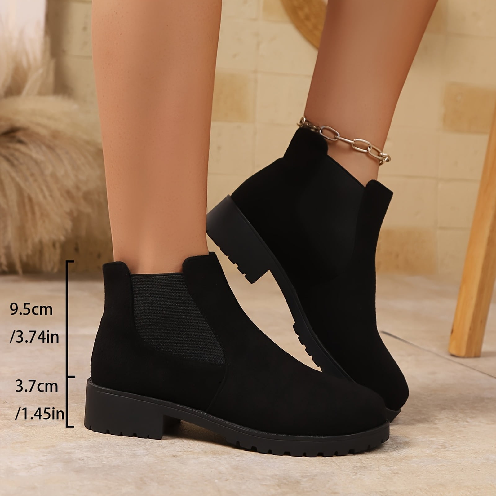 Willtoo Women's Ankle Boots Chunky Low Heels Booties Slip On Elastic Fall Short Boots Women Round Toe Casual Solid Suede Comfortable Bootie Outdoor Non-Slip Hiking Riding Boot Walking Shoes Black