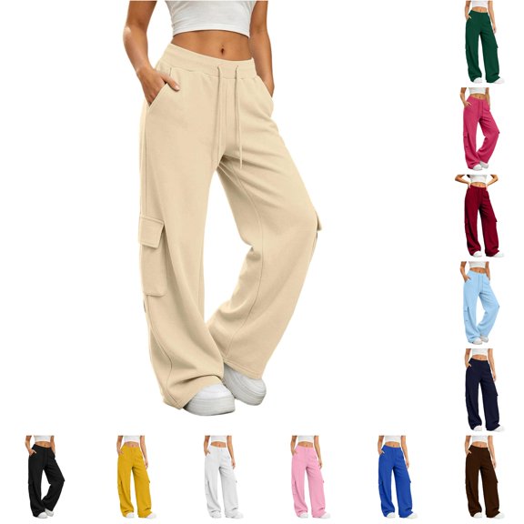 XIAONU Solid Cargo Wide Leg Pants for Womens Drawstring Waist Flap Side Pockets Sport Trousers