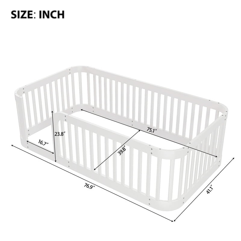 Duxelifin Twin Size Floor Bed with High Rails for Kids, Solid Wood Floor Bed Montessori Frame, No-Slat Design, Modern Toddler Floor Bed for Boys Girls (White)