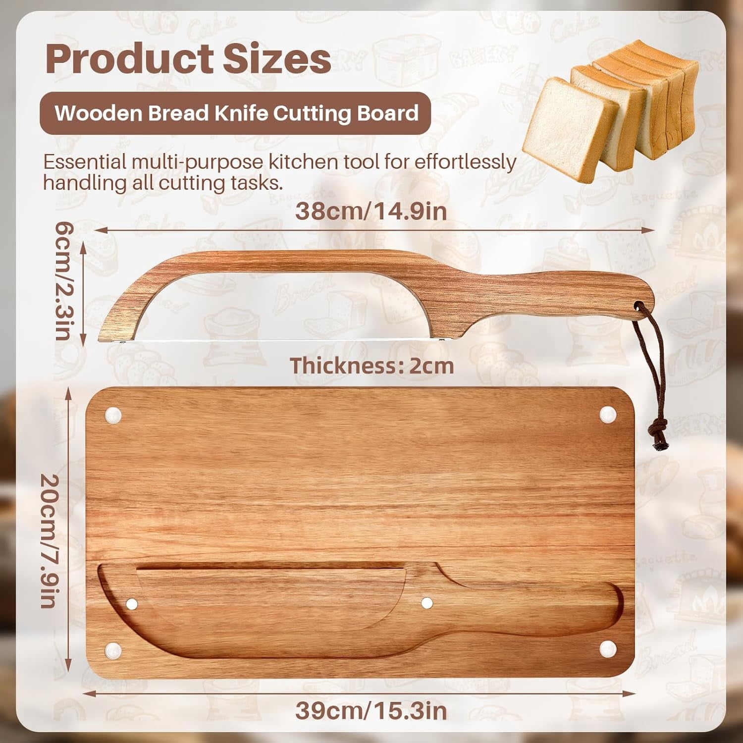 Wooden Bread Cutting Board with Bow Slicer Set, Includes 2 Stainless Steel Blades and Removable Knife for Slicing Homemade Sourdough, Baguettes Artisan