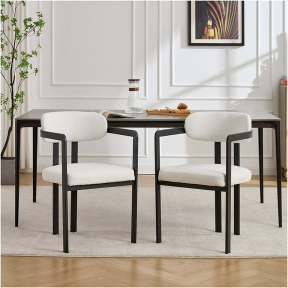JERFIT Mid-Century Modern Dining Chairs Set of 2, Upholstered Boucle Fabric Kitchen Chairs with Black Metal Legs for Dining Room