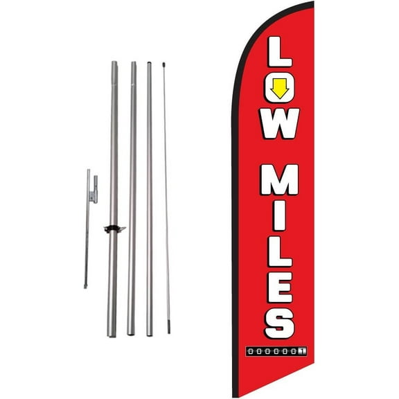 Low Miles Advertising Feather Banner Swooper Flag Sign with Flag Pole Kit and Ground Stake