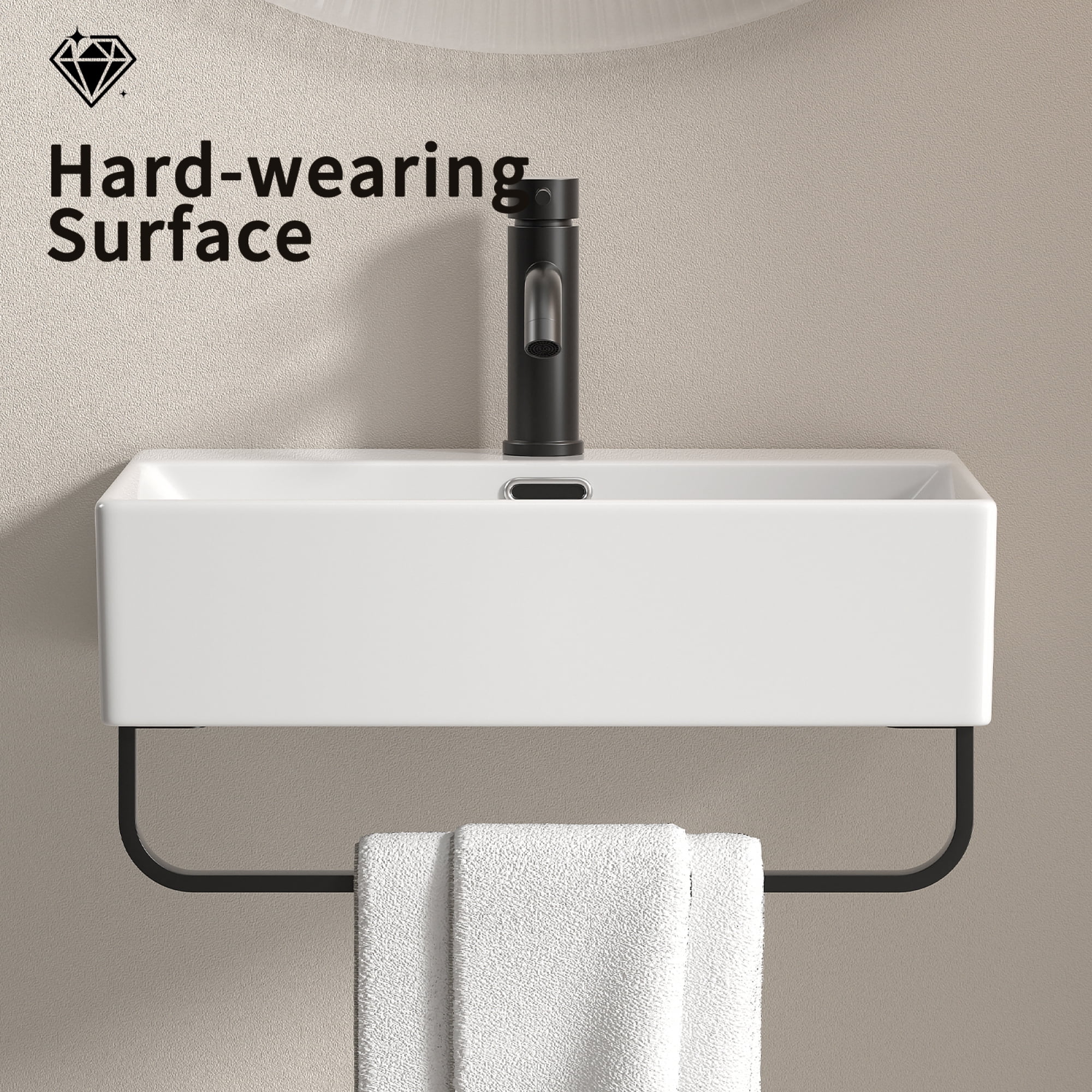 Leumius 20.08" x 14.18" White Ceramic Bathroom Sink with Towel Rack,Bathroom Vessel Sink Wall Mount Basin Vanity Sink