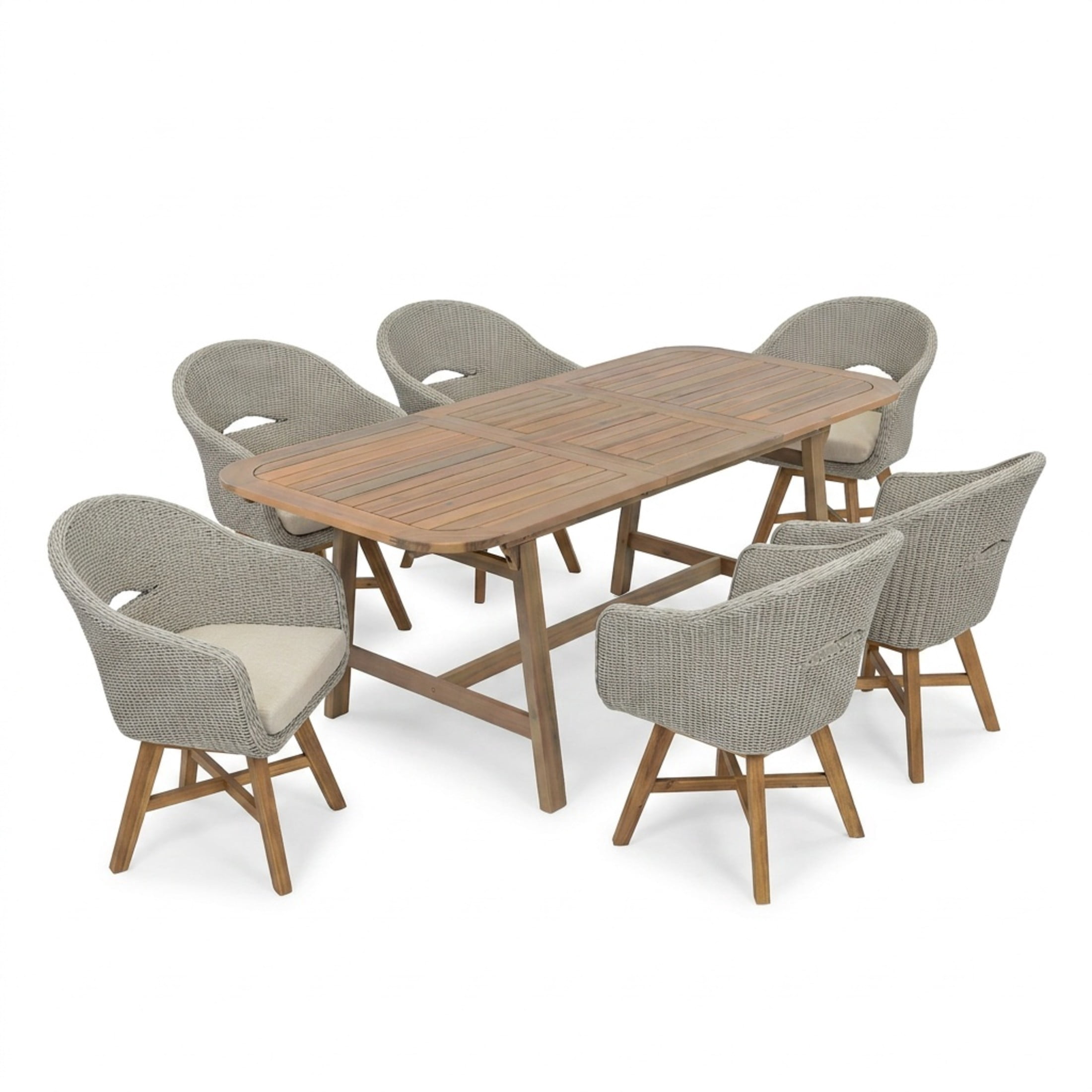 Christopher Knight Home 7-Piece Extendable Patio Dining Set, Wood Table and Rattan Chairs, Teak+Gray Ash