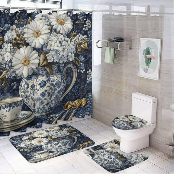 Bathroom Mat Set, Pink Flowers and Green Leaves Pattern Printed on Bathroom Shower Curtain Sets with Rugs, Ideal for Apartment RV College Dorm, 72 x 72 inches