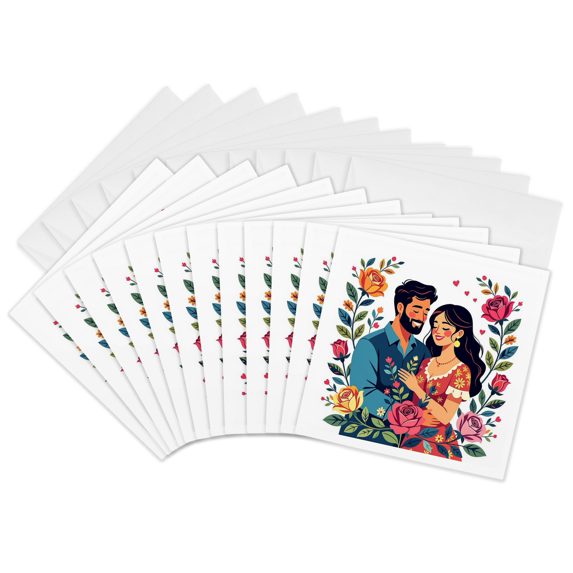 3drose a Young Couple in Love. Rose Flowers. Colorful Boho Art Gift Card 12 Greeting Cards with Envelopes