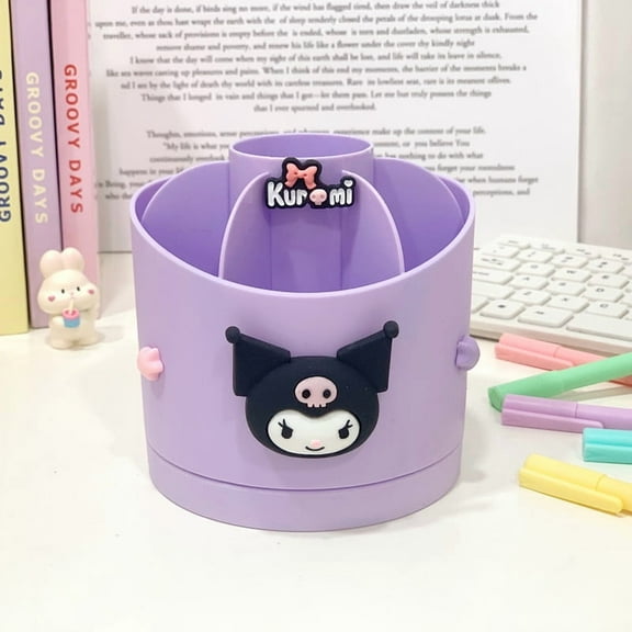 H12cm*D11.3cm Cute and Lovely Cartoon KT Cinnamoroll Kuromi Pen Holder Stationery Organizer with 360-degree rotating base Multi-functional Desktop Rotating Pen Cup Cosmetic Storage Cylinder