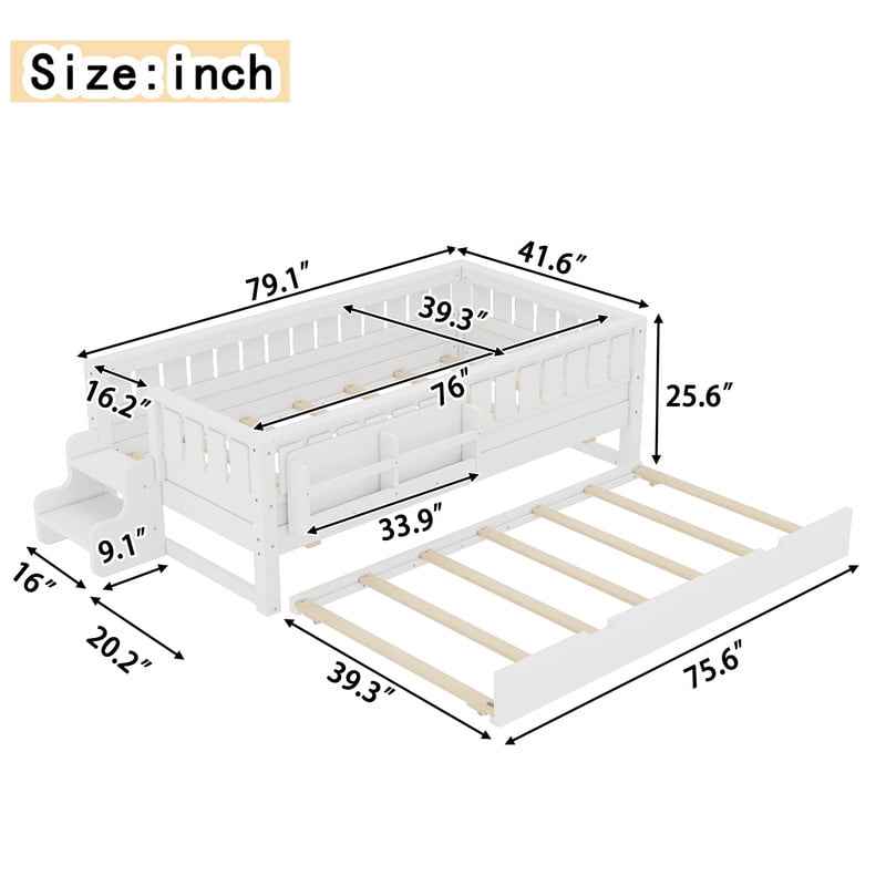 Twin Size Low-Profile Kid's Platform Bed with Built-in Bookshelves & Small Staircase, Wooden Bed Frame with Safety Rails & Trundle