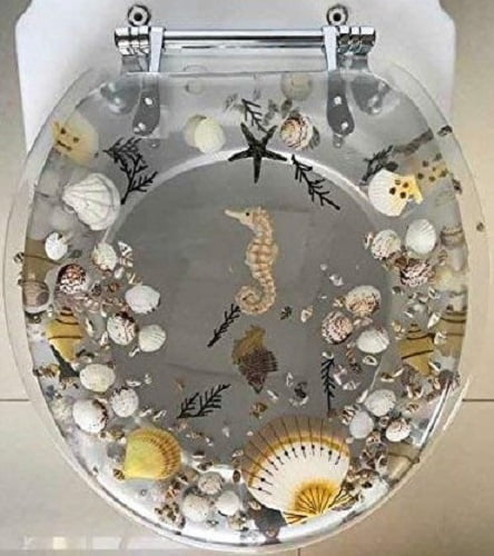 CHROME HINGES STANDARD SIZE JEWEL SHELL SEASHELL AND SEAHORSE RESIN TOILET SEAT 