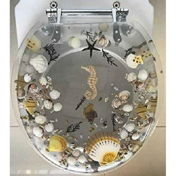 JEWEL SHELL SEASHELL AND SEAHORSE RESIN TOILET SEAT, CHROME HINGES