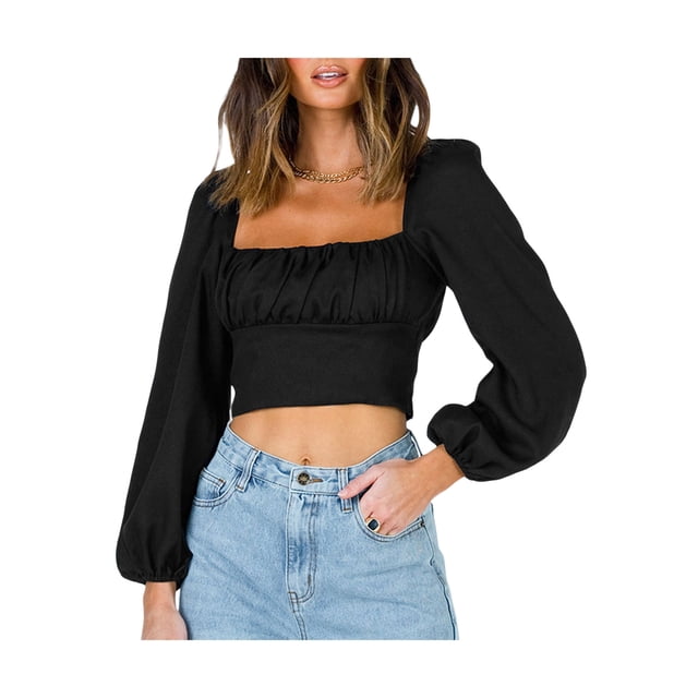 VISgogo Blusas cortas con busto fruncido para mujer, manga larga de farol, cuello cuadrado, camisetas ajustadas VISgogo moda