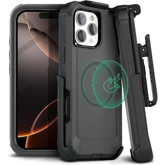 MOTIVE Designed for iPhone 16 Pro Max Case with Belt Clip, Magnetic Case Magsafe Compatible, Heavy Duty and Quad Layer Military Grade Protection for iPhone 16 Pro Max Holster, 6.9" | Black
