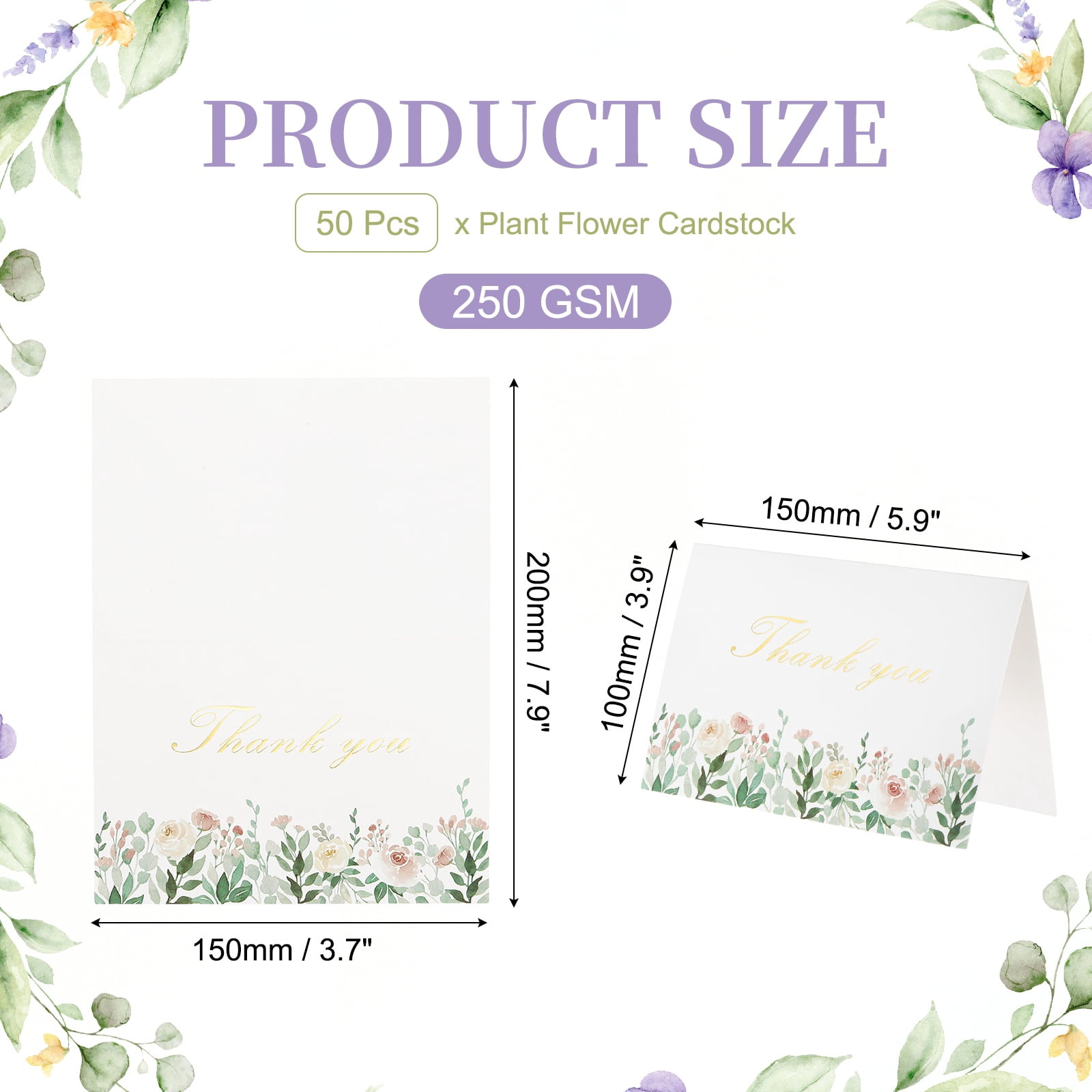 Uxcell 50Pcs Thank You Cards, 5.9"x7.9" Floral Folded Blank Cardstock, Thank You Notes for Greeting Cards Wedding Graduation Birthday DIY Craft Invitations, Rose Cluster Style