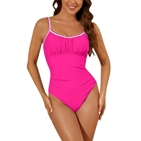 WREESH Women s Athletic One Piece Swimsuit Tummy Control Square Neck High Cut Sport Swimwear Color Block Slim Shoulder Straps Hot Pink