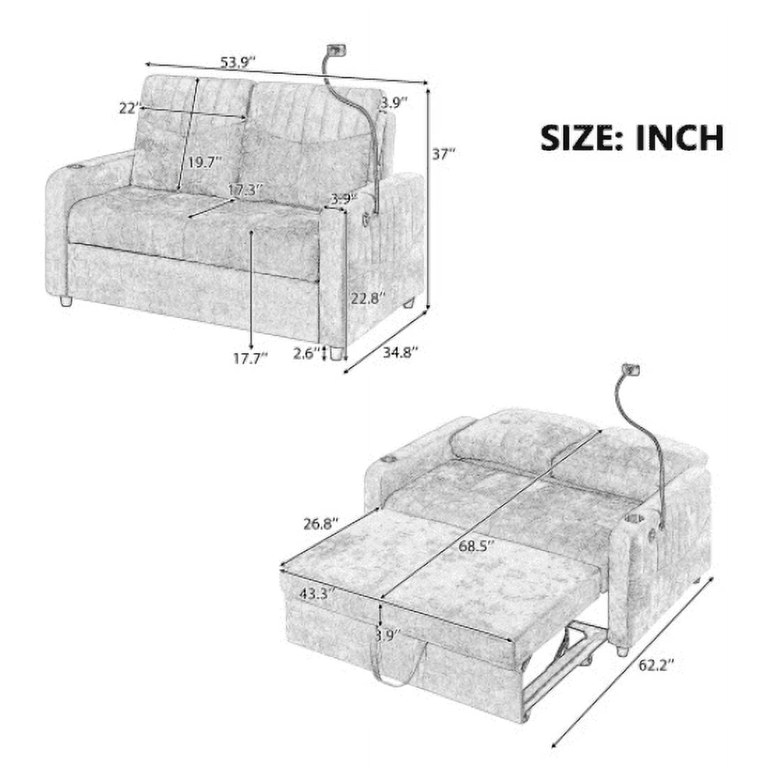 Euroco 53.9" Modern Loveseat Pull-out Sofa Bed with Adjustable Backrest, Two Cup Holders , a Phone Holder, Three Charging Ports and Side Storage Pockets for Living Room