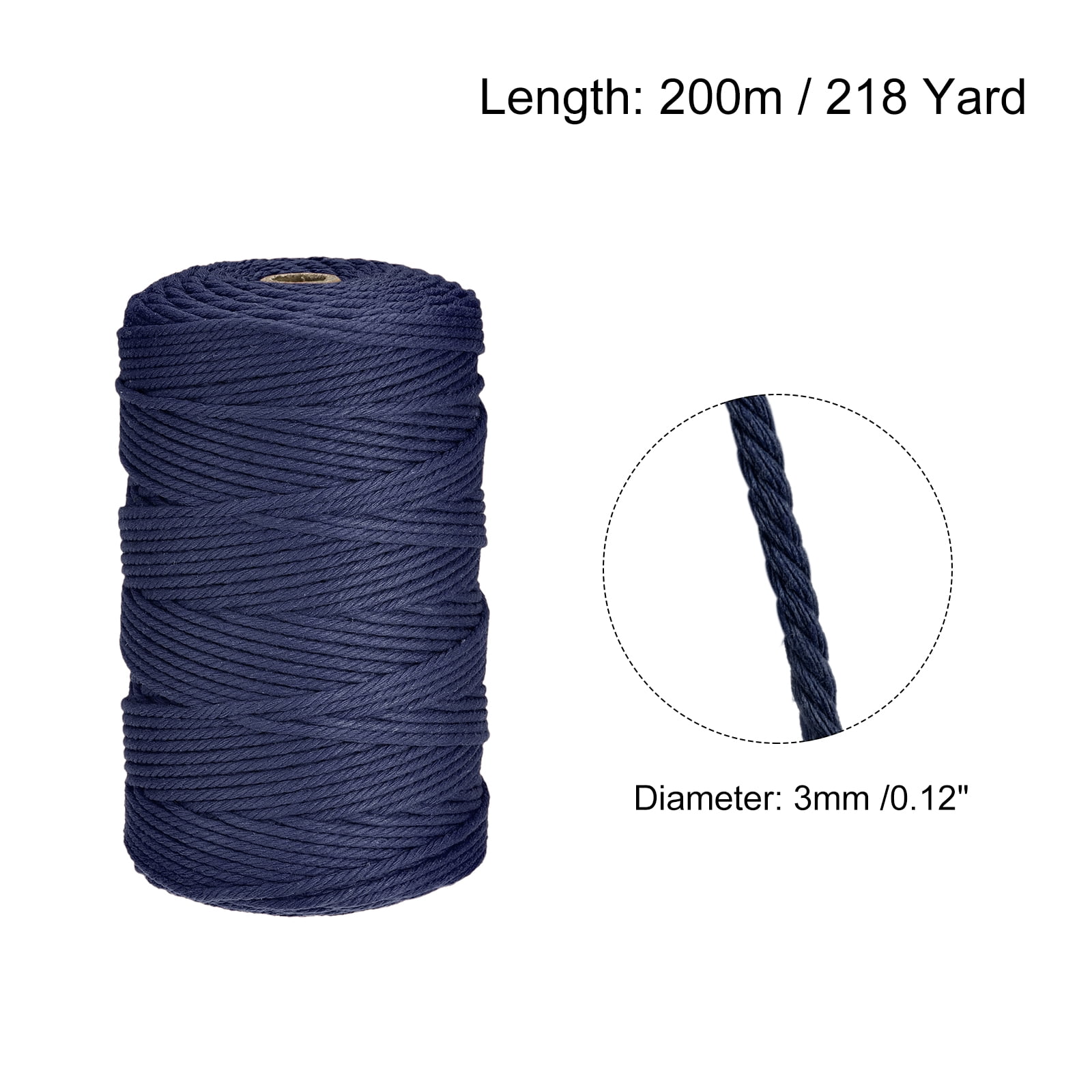 Uxcell Cotton Rope Twine String Twisted Braided Cord, Navy Blue 200m/218 Yard for Wall Hanging, Macrame Knotting