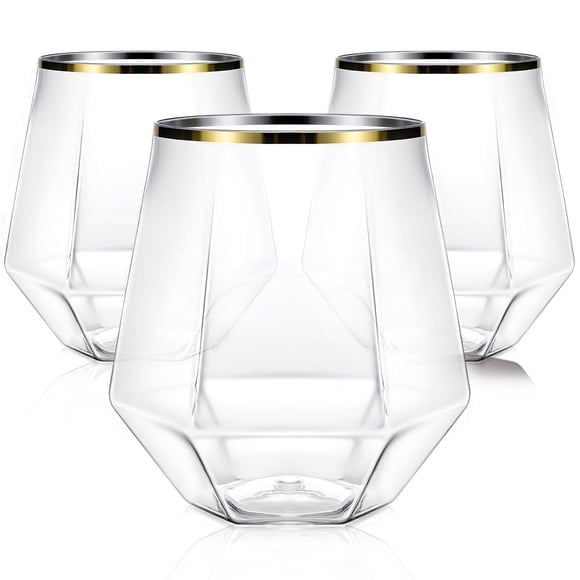 Maaacute 40 Pcak Plastic Stemless Wine cocktail Whiskey Champagne Glasses, 12 Oz Gold Rim Disposable Clear Unbreakable Cups for Party Bars Wedding Tasting
