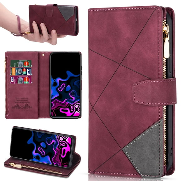 Designed For Galaxy S21 FE, Wallet 9 Card Slots Cases Zipper Purse Premium Leather Card Slot Flip Magnetic Cover Wrist Strap Kickstand Stand Compatible with Samsung Galaxy S21 FE, Winered