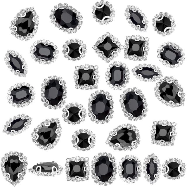 24 botones de diamantes de imitación para coser, 6 estilos, adornos de diamantes de imitación negros facetados.