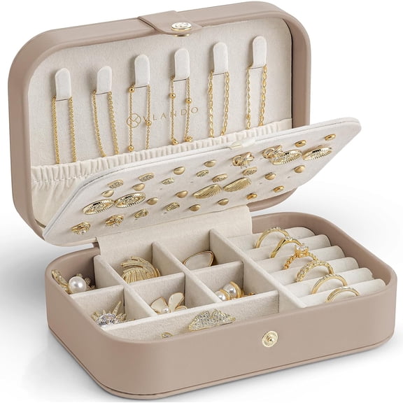 Travel Jewelry Case for Women Girls Mothers, PU Leather Small Jewelry Box for Rings, Necklaces, Bracelets, Earring Holder Organizer Storage for Travel Accessories, Valentines Gift - Toffee