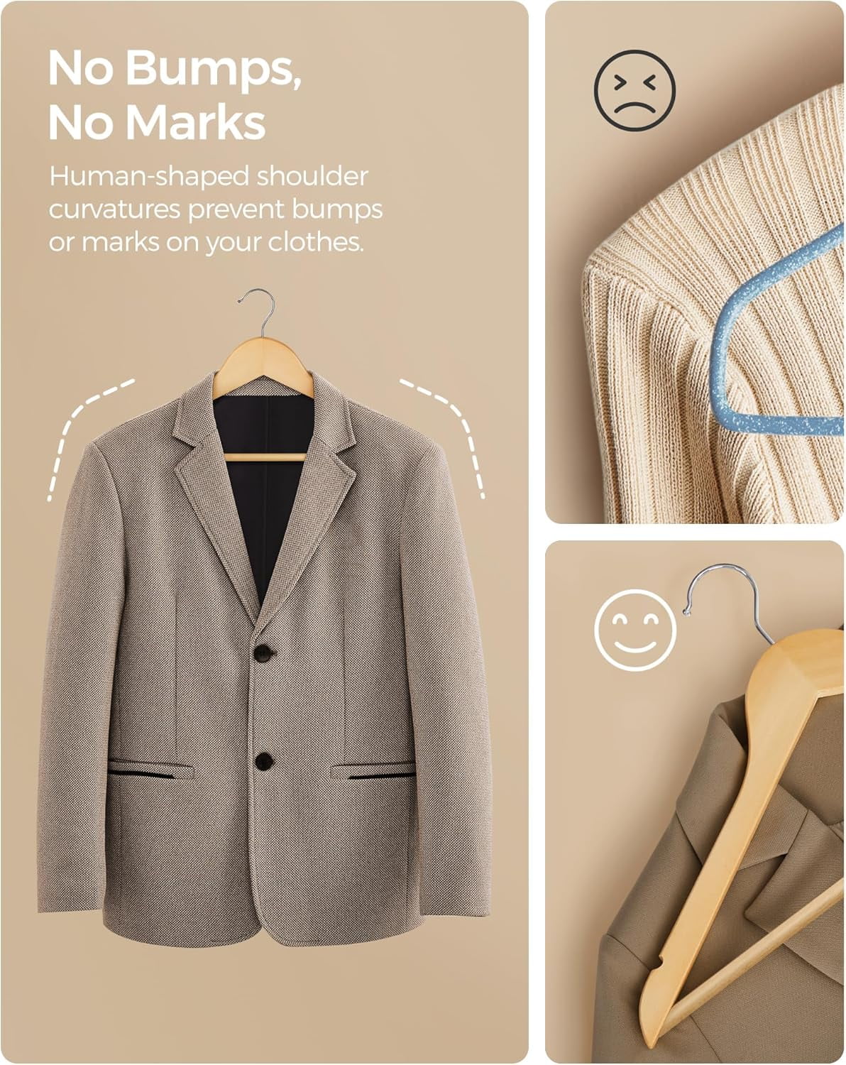 Set of 20 Wooden Hangers with Rubber Coating, Non-Slip Coat Hangers with Shoulder Grooves, Pants Bar, 360° Swivel Hook, for Jackets, Shirts