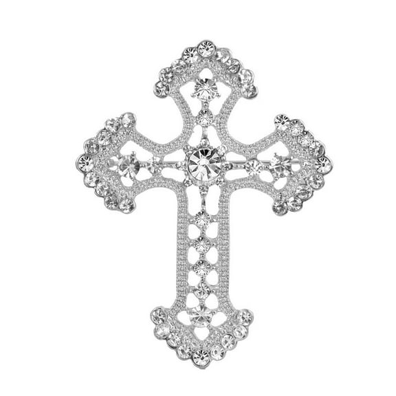 Gyn&Joy Silvery Tone Sparkling Rhinestones Holy Cross Brooch Pin