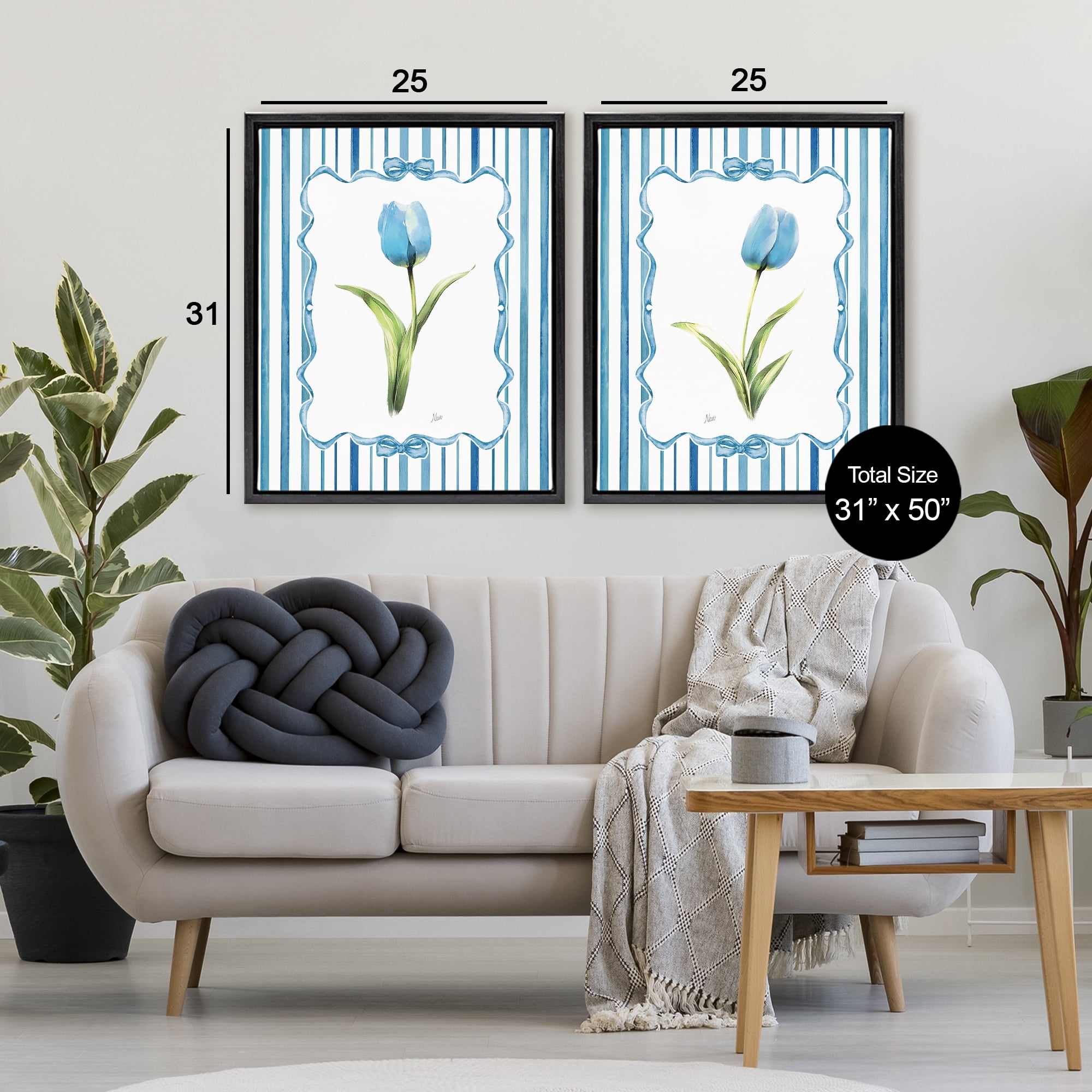 Stupell Industries Blue Tulips with Feminine Ribbon 2 Piece Black Framed Floater Canvas Set, design by Nan