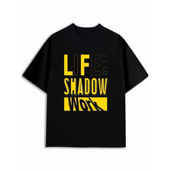 Greenink Life Shadow Work Letter T Shirt, Unisex Black Crew Neck Short Sleeve Tee, Vintage Yellow Stacked Text Print, Casual Inspirational Everyday Top