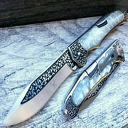 9" Lockback White Handle Hunting Folding Pockt Knife 3CR13 Steel Engraved Blade
