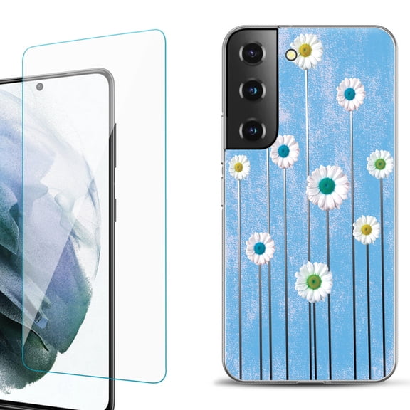 Slim-Fit Fashion Gel Phone Case for Samsung Galaxy S22  5G / S22 Plus 5G, with Tempered Glass Screen Protector, by OneToughShield ® - Daisy Sky