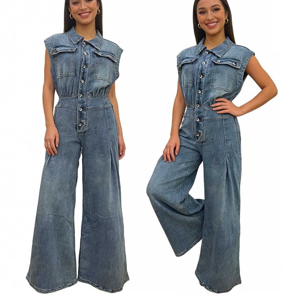 Hilenly Denim Jumpsuit for Women Sleeveless Stretch High Waisted Wide Leg Jean Rompers Button Down Denim Overalls