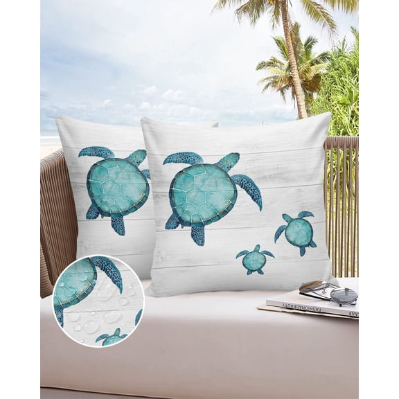 Outdoor Throw Pillow Cover Ocean Coastal Beach Teal Sea Turtle Waterproof Cushion Covers 2 Pack Farm Rustic Wooden Plank Pillow Cases Home Decoration for Patio Garden Couch Sofa