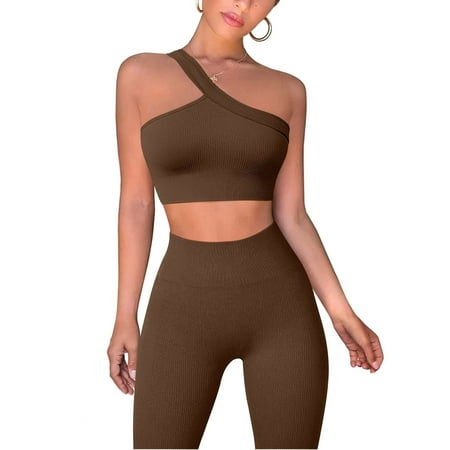 

Workout Set Women 2 Pcs Pants+Sport Bra One Shoulder Tops Ribbed High Waist Exercise Gym Tracksuits