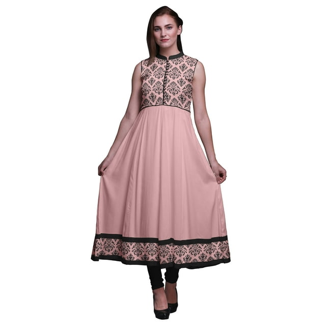 Bimba Robe Anarkali Damassée Rose Pâle Salmon4 à Col Mandarin Sans Manches Kurtis pour Femmes Robe Maxi à Imprimé XXX-Large