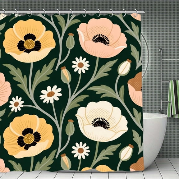 Black Floral(1) Print Shower Curtain,Modern Fabric Waterproof Shower Curtain Set with Hooks 70.8×70.8Inch (180×180cm)
