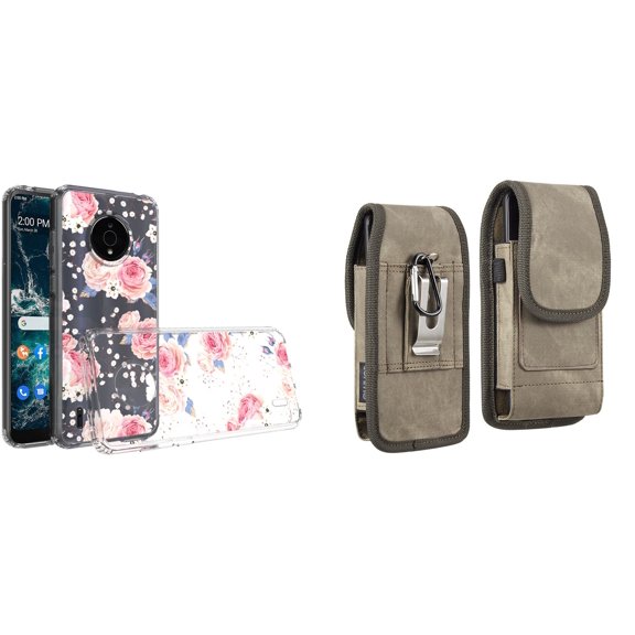 Case and Pouch Bundle for Nokia C200: Slim Series TPU Protector Case (Vintage Pink Floral) and Vertical Rugged Denim Nylon Belt Holster (Brown)