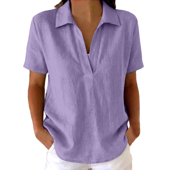 Guluxicc Women's Linen Lounge Shirts Loose Pullover Collared V Neck Solid Tops for Everyday Wear Summer Casual Outfits