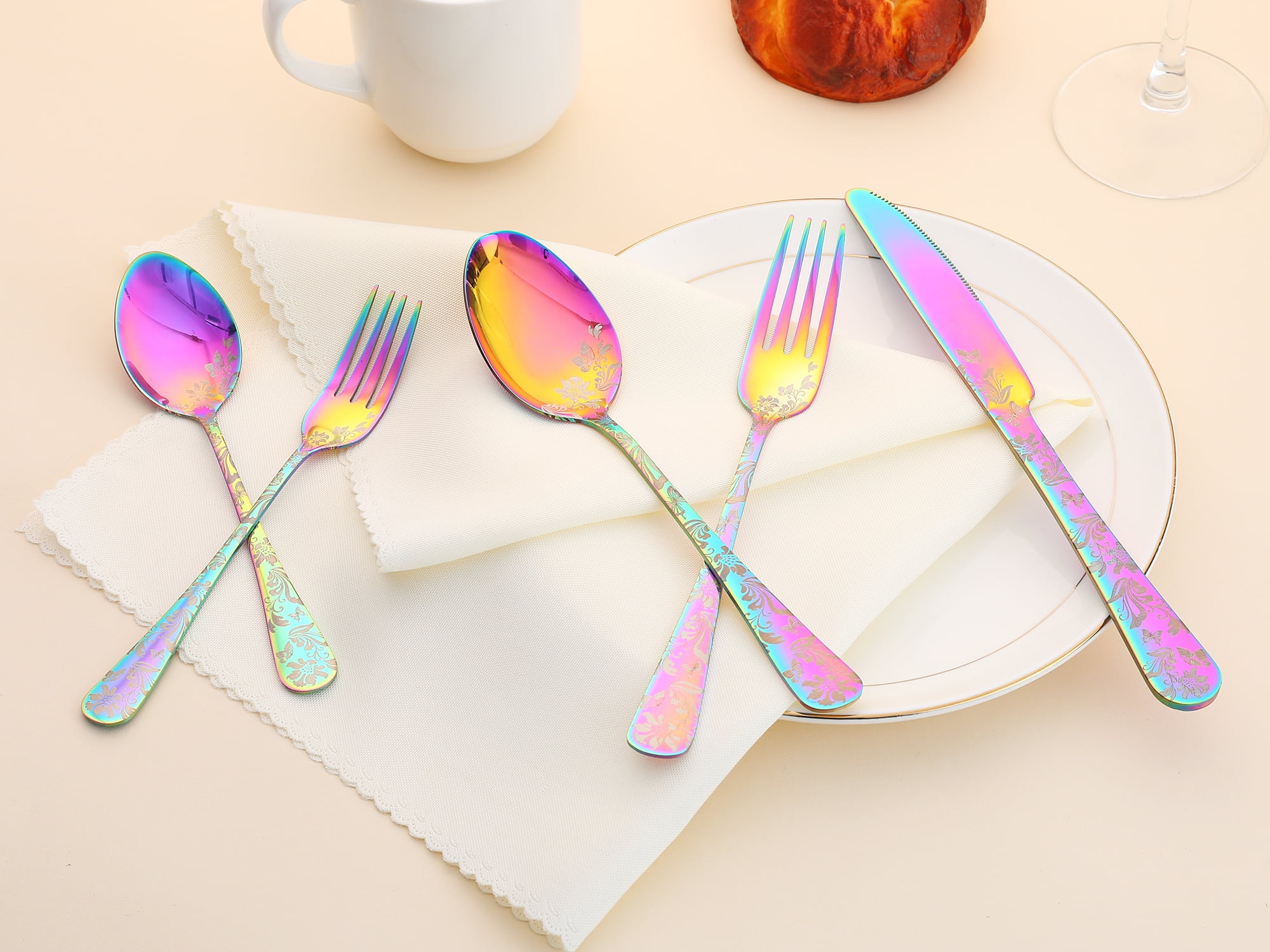 Unique Bargains 20 Pieces Stainless Steel Silverware Set Flatware Set Colorful