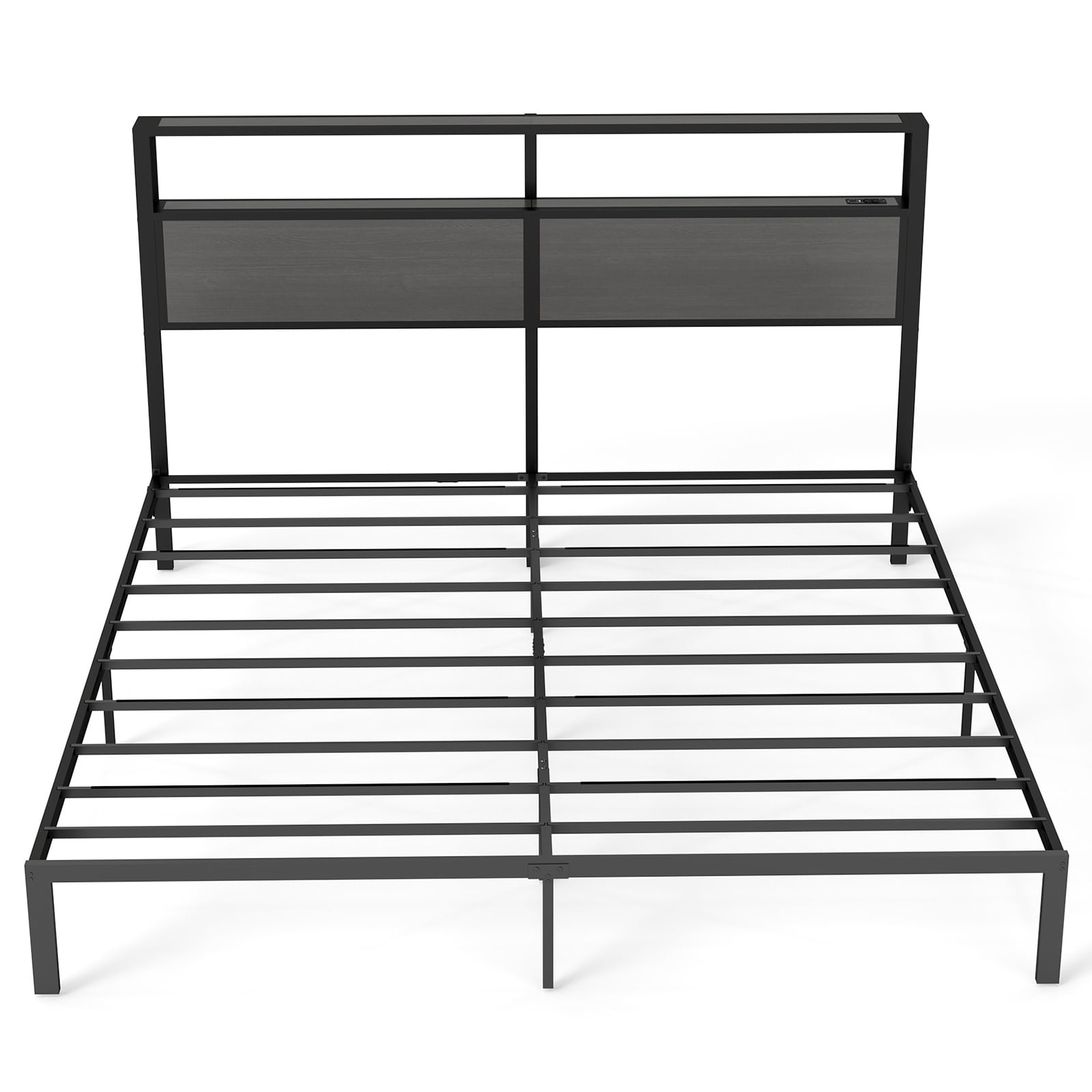 Leumius King Size Bed Frame with Headboard, Platform Bed with RGB LED Light & Charging Station & Under Bed Storage Space, Easy Assembly,Dark Gray
