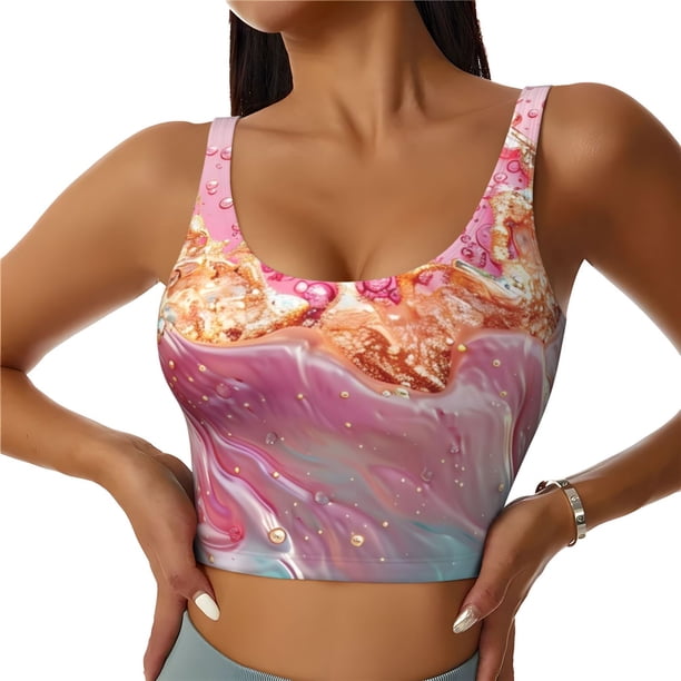 Fotbe Abstract Pink Gold Splash Sujetador Deportivo Largo sin Aros para Mujer con Almohadillas y Soporte Medio, Transpirable y Absorbente, Camiseta Tipo Chaleco o Tank Top-Medium