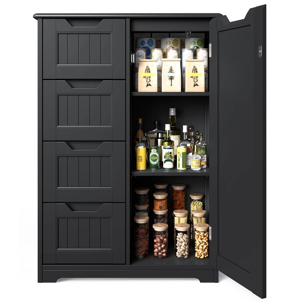 Aiho Wooden Kitchen Pantry Cabinet, 31.5"L Kitchen Storage Cabinets with 4 Drawers, 1 Door and Adjustable Shelves, For Kicchen, Dining Room, Livingroom, Bathroom - BLack