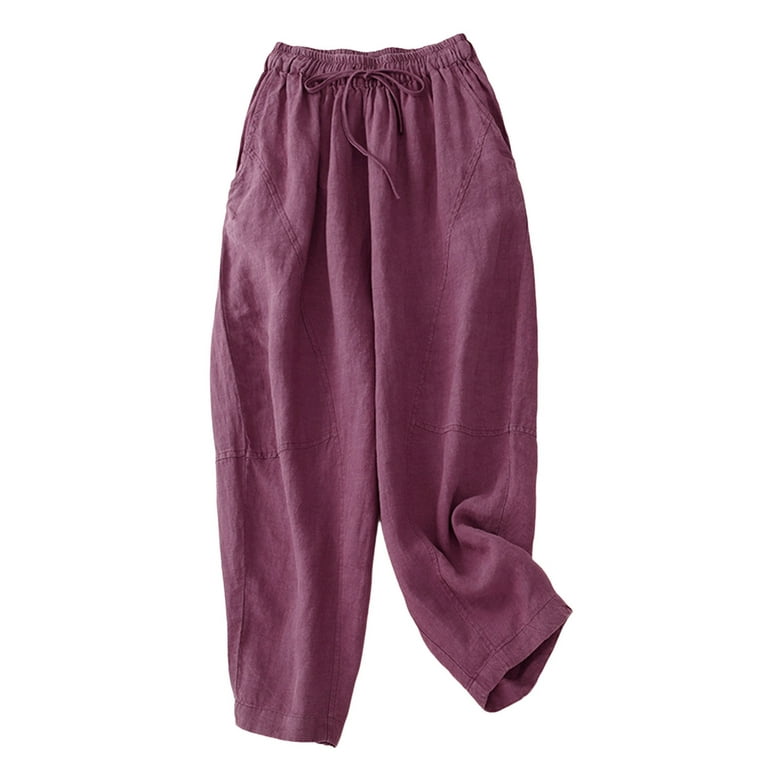 CZHJS Women's Solid Color Cotton Linen Pants Clearance Elastic