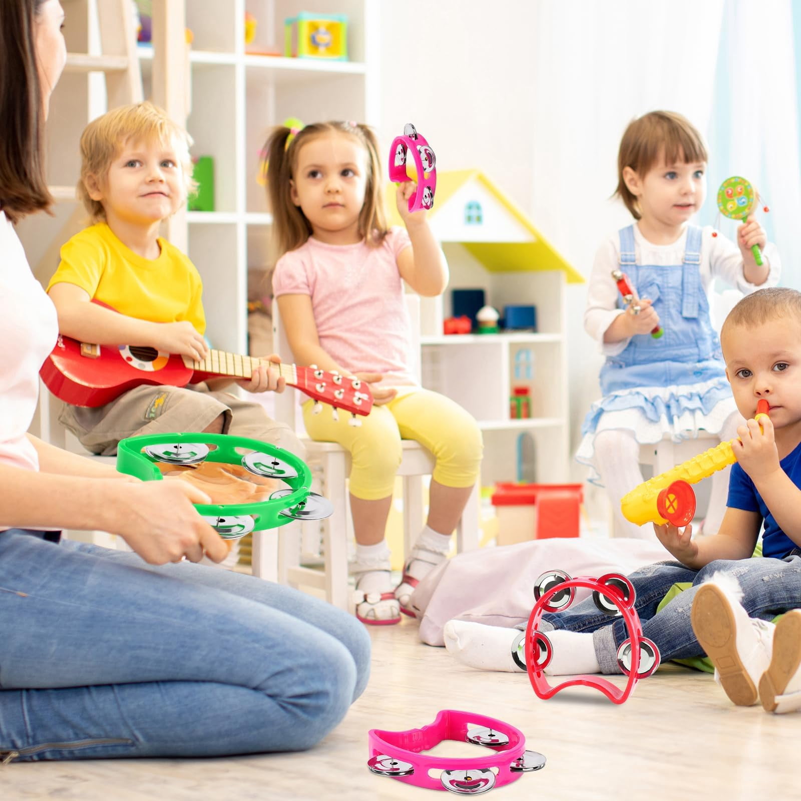 24 Pcs Multicolored Tambourines For Kids - 4 Bells Handheld Musical Instruments And Noise Makers Perfect School Supplies Church Kindergarten Weddings Christmas Parties Group Performances