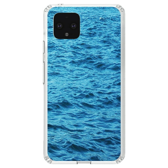 DistinctInk Clear Shockproof Hybrid Case for Google Pixel 4 (5.7" Screen) - TPU Bumper, Acrylic Back, Tempered Glass Screen Protector - Blue Water Ocean Waves