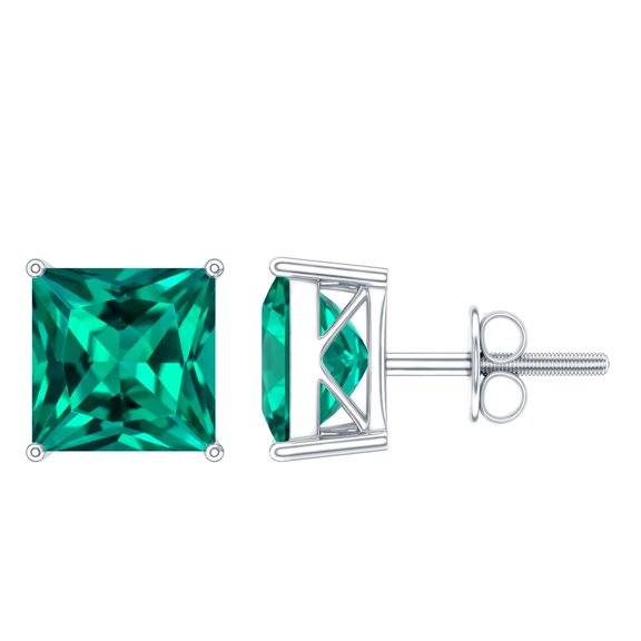 Rosec Jewels Princess Cut Lab Grown Emerald Solitaire Stud Earrings for Women - 4 Carat - AAAA Grade - with Jewelry Box, 925 Sterling Silver