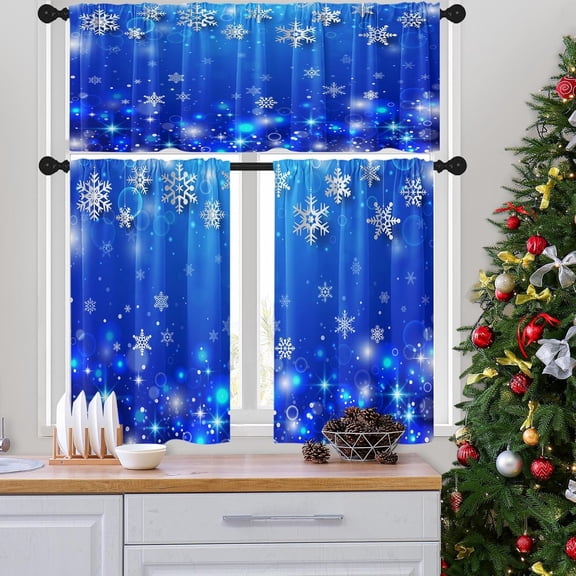 Kitchen Curtains Blue Snowflakes Ball Christmas Glitter Valances and Window Curtains 3 Pcs Set Snow Xmas Diamond Star Winter Short Tier Curtain for Room Treatment Small Kitchen Window Decor
