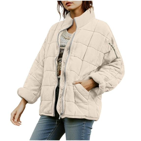 RQYYD Quilted Jacket for Women Lightweight Coat Full Zip Stand Collar Oversized Dolman Quilted Jackets Loose Warm Winter Outwears