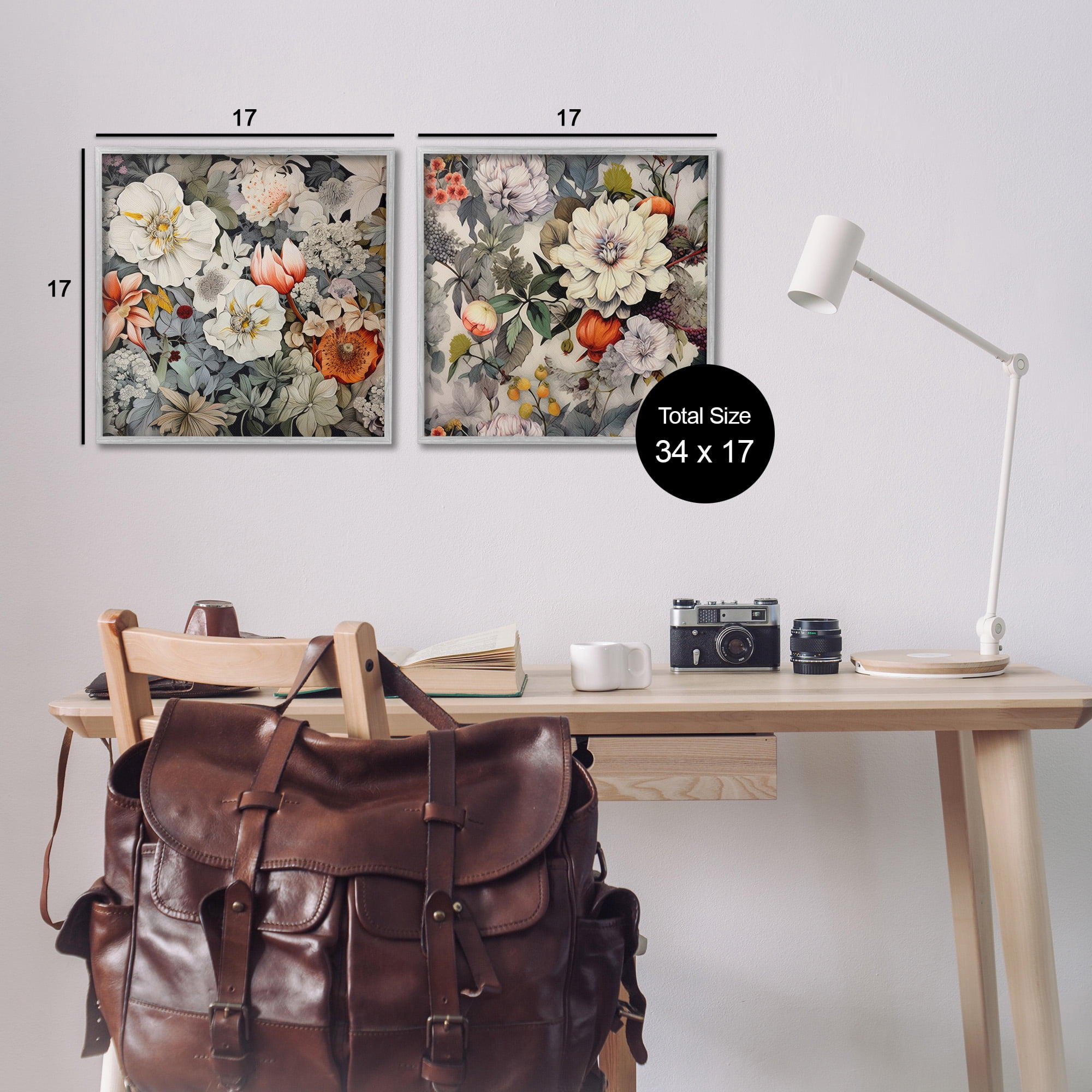 Stupell Industries Vintage Blooms Arrangement Botanical & Floral Painting Gray Framed Art Print Wall Art, 17 x 17, Set of 2